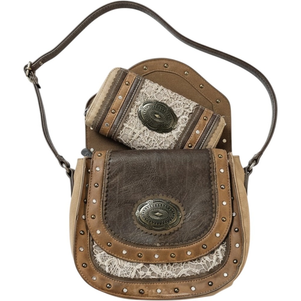 Justin Crossbody Bag & Wallet Set Womens Small Brown Lace Rhinestone Western